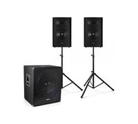 VONYX Set Complet 2.1-2X Enceintes 12" avec Caisson de Basse Bi-Amplifié, Pieds d'Enceinte et Câble Inclus, Puissance 1600W, Idéal pour DJ Mobiles