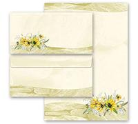 Set complet de 20 pièces Fleurs & Pétales, TOURNESOLS JAUNE 10 feuilles de papier à lettres et 10 enveloppes DIN LONG sans fenêtre | Paper-Media