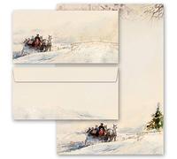 Set complet de 40 pièces Motif d'hiver, CALÈCHE DANS LES BOIS Variante A Saisons - Hiver 20 feuilles de papier à lettres et 20 enveloppes DIN LONG sans fenêtre | Paper-Media