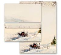 Set complet de 40 pièces Motif d'hiver, CALÈCHE DANS LES BOIS Variante B Saisons - Hiver 20 feuilles de papier à lettres et 20 enveloppes DIN LONG sans fenêtre | Paper-Media