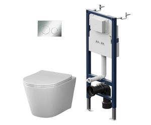 Set complet de WC - Élément de pré-installation avec réservoir encastré incl. Plaque de commande + WC suspendu sans rebord et mural à rinçage profond + Siège WC avec fermeture amortie Soft-Close