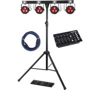 Set Complet Showlite LB-4390 Avec DMX Operator, Système LED complet | 4 x Tri-LED PAR-Spots avec 3 x 9W (3en1) LEDs chacun, 4 x spots stroboscopiques blancs 1W LEDs, Angle de faisceau: 15°, 05CH