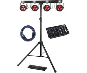 Set Complet Showlite LB-4390 Avec DMX Operator, Système LED complet | 4 x Tri-LED PAR-Spots avec 3 x 9W (3en1) LEDs chacun, 4 x spots stroboscopiques blancs 1W LEDs, Angle de faisceau: 15°, 05CH