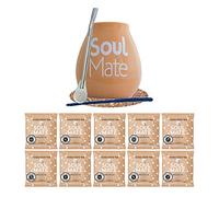 Set Complet Yerba Maté Soul Mate 10 x 50 g - Large Calebasse en céramique 350ml, Bombilla en acier inoxydable, Soucoupe en liège, Nettoyeur