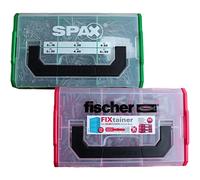 Set comprenant un assortiment de chevilles multi-usages Fischer et un assortiment de vis Spax livrés dans des mallettes de rangement (913 pièces) Rouge/vert