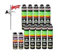 Set comprenant un lot de 10 cartouches de 750 ml de mousse de montage polyuréthane monocomposant, 2 cartouches de nettoyant et 1 pistolet à mousse