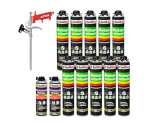 Set comprenant un lot de 10 cartouches de 750 ml de mousse de montage polyuréthane monocomposant, 2 cartouches de nettoyant et 1 pistolet à mousse