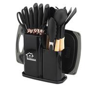 Set Couteaux de cuisine, ensemble d'Ustensiles de cuisine de 19 pièces, comprenant 5 couteaux et 13 Ustensiles de cuisine en silicone, ainsi qu'une boîte de rangement(noir)