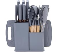 Set Couteaux de cuisine, ensemble d'Ustensiles de cuisine de 19 pièces, comprenant 5 couteaux et 13 Ustensiles de cuisine en silicone, ainsi qu'une boîte de rangement(Gris)
