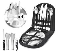 Set Couvert Camping 4 Personnes : 21 pièces vaisselle acier inoxydable avec sac rangement, portable et réutilisable pour voyages - 4