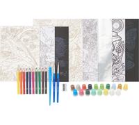 Set créatif pour 7 projets : 2 x peinture par numéro avec couleur, 2 x peinture aux crayons de couleur, 1 peinture sur feuille, 2 images à graver (gratter)
