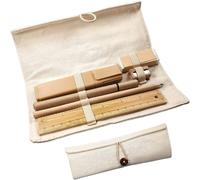 Set ¿¿Criture Eco, Kit D'¿¿Tiquette ¿¿Cologique En Lin, Carton Et Bambou, Avec ¿¿Tui Enroulable - Set Effacement: R¿¿Gle, Crayon, Stylo, Temperamatite, Caoutchouc, Marqueur, Lin Et Carton