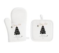 Set Cuisine et manique de Cuisine - Texte 100% Personnalisable - Sapin Noir & Doré - Cadeau Marraine/Nounou/Mamie - Prénom & Message au Choix