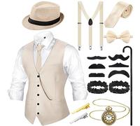 Set d’Accessoires de Costume Rétro pour Hommes des Années 1920, Gilet de Gangster Chapeau Fedora Bretelles (Beige, XL)