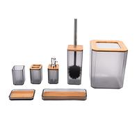 Set d’Accessoires de Salle de Bain en Bambou 7 pièces, kit Complet avec Porte - Brosse à Dents, Porte - Savon et Poubelle - Durable et élégant pour Maison et hôtel (Grise)
