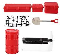 Set d’outils décoratifs pour voiture RC, kit d’accessoires RC avec boîte de rangement en forme de baril d’huile, pelle, filet à bagages et autocollant, compatible avec Traxxas, (Rouge)