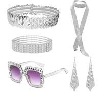 Set d'Accessoires Costume Disco 5 Pièces - Tenue Fête Années 70s 80s pour Femmes Hommes Inclut Collier, Écharpe, Bandeau, Boucles d'oreilles & Lunettes de Soleil - Paillettes Rétro Déguisement