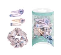 Set d'accessoires pour cheveux Stitch et Angel Disney Fille 5 pièces avec chouchou rose fermoirs Clic Clac et Clips avec Charm Cœur Kit Coiffures Kawaii en Étui PVC Transparent Idée Cadeau 15 x 8 x 4