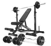 Set MS34_2.0_113KG_G | banc double face + supports d'haltères multi-niveaux (2 pièces) avec assistance + kit de barres d'haltères renforcées et de disques caoutchoutés pour la musculation de 113 kg -