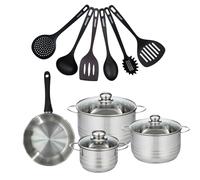 Set de 1 poêle 20 cm en inox, 3 faitouts 16, 20 et 24 cm et 6 ustensiles RPET Geneva Fackelmann
