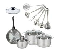Set de 1 poêle 20 cm inox, couvercle verre, 3 faitouts inox 16, 20 et 24 cm et 6 ustensiles inox Fackelmann Geneva