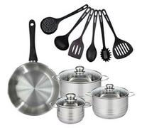 Set de 1 poêle 28 cm en inox, 3 faitouts 16, 20 et 24 cm et 6 ustensiles RPET Fackelmann Geneva inox