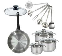Set de 1 poêle 28 cm inox, couvercle verre, 3 faitouts inox 16, 20 et 24 cm et 6 ustensiles inox Geneva Fackelmann