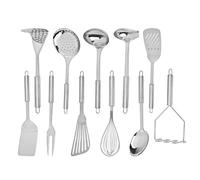 Set de 11 ustensiles de cuisine en acier inoxydable, accessoires métalliques polyvalents avec écumoire, double presse-purée, fouet, séparateur d’huile et spatule à steak