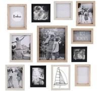 Set de 12 Cadres Photo Multi-tailles Effet Bois Naturel Blanc et Noir - HILONA