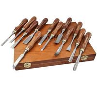 Set de 12 ciseaux à bois Faithfull avec boîte de rangement en bois - FSC® | Gouges et ciseaux à bois, manches en noyer, viroles en fer, lames en acier 60CrV poli, set de 12 pièces