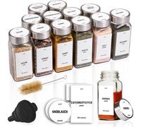 Set de 12 - Deco Haus Pots à épices avec couvercle en acier inoxydable - Set avec étiquettes, entonnoir, brosse de nettoyage - 120 ml, 10,5 x 4,3 cm