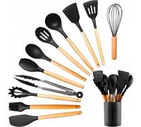 Set de 12 outils de cuisine en silicone avec manche en bois + organisateur