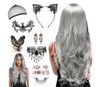 Set De 12 Perruque Carnaval Femme, Perruque Grise Carnaval Femme, 70cm Perru-que Fem-me, Long Wavy Silver Grey Wig, Accessoire en Dentelle pour Carnaval, Cosplay, Mascarade (B)