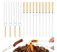 Set de 14 brochettes à pain réutilisables, pique à brochette, pic à brochette, brochette barbecue et broche barbecue, avec manche en bois, parfait pour camping et feu de camp