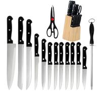 Set de 15 Couteaux de Cuisine en Acier Inox 2cr13, Bloc Bois & Ciseaux Inclus, Couteau Chef 32cm Idéal pour Découper Viande et Poisson