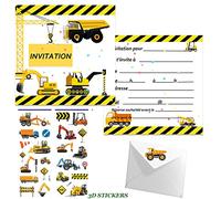 Set de 16 cartes invitation thème véhicules du génie,invitation anniversaire garçon en français+Enveloppes+3d véhicules stickers pour 16 invités Idéal invitation de Partie,fête anniversaire d'enfants