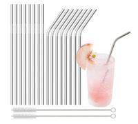 Set de 16 pailles réutilisables (8 droites + 8 courbées) - Paille inox 215x6 mm avec 2 brosses de nettoyage - Faciles à nettoyer - Paille metal pour jus, milkshakes et cocktails