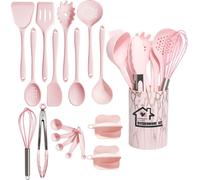 set de 18 ustensiles de cuisine rose - Set d'ustensiles de cuisine en silicone avec spatule, spatule & cuillère à mesurer | Résistant à la chaleur & adapté au contact alimentaire