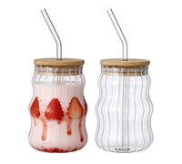 Set de 2 500 ml côtelé Verre avec couvercle et paille, gobelets à smoothie en Verre avec paille et couvercle épais de haute qualité avec couvercle en bois, gobelets transparent rayé, à café (bois)