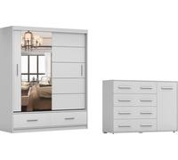 sET de 2 armoires à portes coulissantes FLORENCE avec miroir 150 cm et commode FRIDA 01 1D4S, largeur : 135 cm BLANC/BLANC