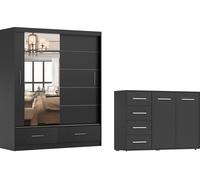 sET de 2 armoires à portes coulissantes FLORENCE avec miroir 150 cm et commode FRIDA 01 2D4S, largeur : 135 cm NOIR/NOIR