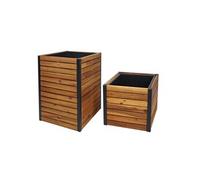 Set de 2 bacs à plantes HWC-L23 Outdoor Acacia bois certifié MVG aluminium brun