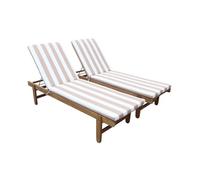 Set de 2 bains de soleil en Acacia - AREQUIPA - Transats avec coussins beige à rayures blanches et roulettes. multi positions