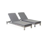 Set de 2 bains de soleil en résine tressée (transat) - Pisa x2 - nuances de gris. Coussins gris chiné