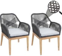 set de 2 chaises de jardin HWC-H56b, fauteuil Outdoor, résistant aux intempéries corde tressée bois acacia ~ gris foncé coussin gris clair