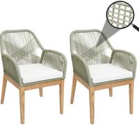 set de 2 chaises de jardin HWC-H56b, fauteuil Outdoor, résistant aux intempéries corde tressée bois acacia ~ vert coussin crème