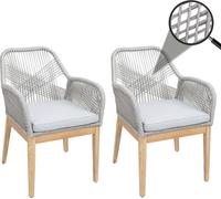 set de 2 chaises de jardin HWC-H56b, fauteuil Outdoor, résistant aux intempéries corde tressée bois acacia ~ gris clair coussin gris clair
