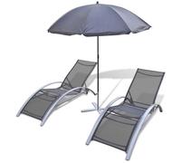 Set de 2 chaises longues et parasol - Noir - 156 x 60 x 89 cm