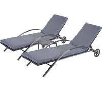 2x Chaises longues MENDLER HWC-E27 en polyrotin noir, coussins gris foncé Gris