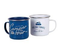 Set de 2 mugs émaillés blanc & bleu "Holiday Travel" & "Camper Tour" 400ml